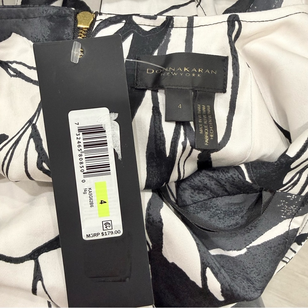 Donna Karan Floral Square Neck Belted Sateen Cotton Midi Dress Black/Pristine - Picture 12 of 16